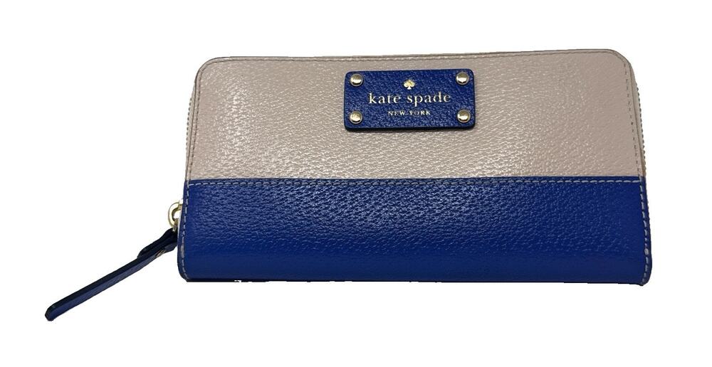 KATE SPADE Neda Wellesley Cream/Blue Pebbled Leather Zip Around LRG Wallet EUC